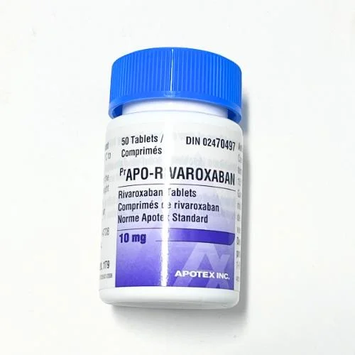 Rivaroxaban 10 a white bottle with blue lid