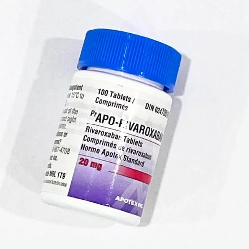 Rivaroxaban 20 a bottle of pills with a blue lid